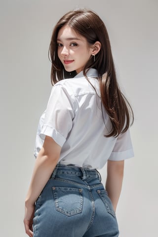 (8k, highest quality, masterpiece: 1.2), (Realistic, photoRealistic: 1.37),1girl, solo, long hair, looking at viewer, smile, simple background, brown hair, shirt, white background, jewelry, white shirt, earrings, looking back, pants, from behind, denim, jeans, realistic