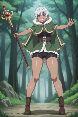 (eris_v1, fully nude), one girl, solo,
(forest scenery, mountain forest, dim forest, large tree, undergrowth),
(outdoors, facing forward, legs spread wide, dancing in the air, waving a wand),
beautiful_toes,_beautiful_calves,_beautiful_knees,_beautiful_legs,_smooth_curved_ass;1.5, waist;0.4, (capelet, skirt, bike shorts, green capelet, be tto,), (firm, firm breasts, slightly large breasts; 0.1), beautiful collarbone line, young body lines, low body,
(mischievous smile, blushing, perfect eyes, perfect eyes, red eyes, bangs between eyes, thick bangs in the middle, ahoge, short hair, silver hair, perfect baby face), full body, dark skinned girl,
gazing into the camera, (side view, from below),
(perfect human anatomy, perfect anatomy, 1980s / (style), 32k ultra HD anime, ultra high resolution, masterpiece), score_9_up, score_8_up, score_7_up, score_6_up,