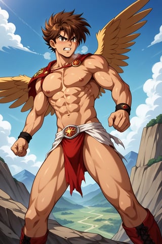 (masterpiece, best quality, ultra HD anime quality, super high resolution, 1980s/(style), retro, anatomically accurate, perfect anatomy), (front, bottom angle), looking at the camera, (Seiya Pegasus, male, (Pegasus cloth, slightly damaged)), 1 male, solo, brown hair, short hair, bangs between eyes, messy hair, brown eyes, angry face, scratch on cheek), heavy breathing, excited, (red underwear, tattered, red underwear pants, tattered), (fighting stance, standing stance, low stance, legs wide apart, one foot forward), (mountain scenery, mountain path, barren land, large rocks, cliff), score_9, score_8_up, score_7_up, score_6_up,Seiya Pegasus,Anime, score_9_up,Retro,SDXL, source_