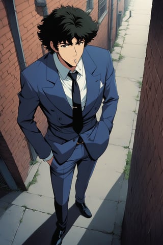 (masterpiece, best quality, ultra HD anime quality, super high resolution, 1980s/(style), retro, anatomically correct, perfect anatomy), (side view, top view), looking into the camera, (Spike Spiegel, one boy), solo, (black hair, short hair, bangs, messy hair, brown eyes, straight face), (wearing navy blue suit, spikes, sleeves rolled up to elbows, (black tie, slightly thin), no handkerchief, (cream shirt, collar up)), (navy blue suit pants, black socks, black leather shoes), holding a gun, (standing, slightly bent at waist, both knees slightly bent, legs slightly apart, posed at an angle, one hand in trouser pocket, (holding a cigarette in mouth, crumpled)), (brick city scene, back alley, bleak, dilapidated city, littered), score_9, score_8_up, score_7_up, score_6_up,