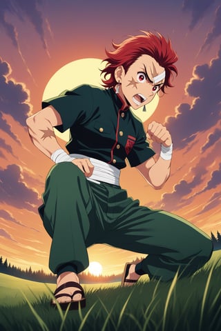 (masterpiece, best quality, ultra HD anime quality, super high resolution, 1980s/(style), retro, anatomically accurate, perfect anatomy), (tanjirou_kamado), one boy, solo, slightly young, (red hair, short hair, slicked back, messy hair, forehead, red eyes, angry face), radiating murderous intent, scar, scar on face, scar on forehead, (mouth open as if screaming), (piercing, earring, morning sun tag), looking at camera, (Demon Slayer Corps uniform top, Demon Slayer Corps uniform pants, navy blue Uniform), Japanese sword, (bandages wrapped around both shins), wearing straw sandals, (four fingers and one thumb), (fighting stance, hands on sword hilt, sword worn at waist, low stance, legs spread wide, alone, in grassland), (sunset view, distant forest, prairie, dim grassland, grass, sunset), (side view, angle from below), score 9, score 8_up, score 7_up, score 6_up,