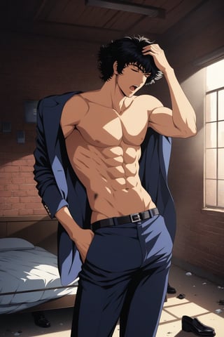 (masterpiece, best quality, ultra HD anime quality, super high resolution, 1980s/(style), retro, anatomically accurate, perfect anatomy), (side view, bottom angle), looking at the camera, (Spike Spiegel, one boy), solo, (black hair, short hair, bangs, messy hair, brown eyes, sleepy face), one eye closed, (mouth slightly open, wide), (hot chest, impressive abs, six pack), (navy suit pants, black socks, black leather shoes), holding a gun, (standing, yawning, one hand on head, beside bed), (brick room view, bedroom, bed, dirty room, trash scattered, morning light streaming in, through window, morning), score_9, score_8_up, score_7_up, score_6_up,