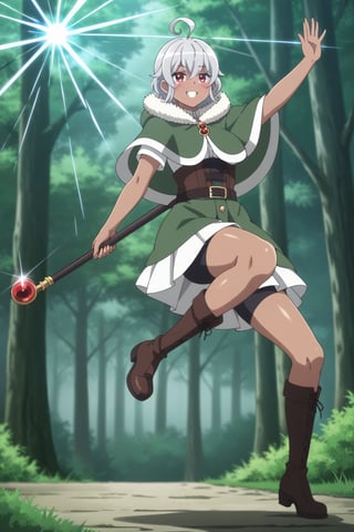 (eris_v1, fully nude), one girl, solo,
(forest scenery, mountain forest, dim forest, large tree, undergrowth),
(outdoors, facing forward, legs spread wide, dancing in the air, waving a wand),
beautiful_toes,_beautiful_calves,_beautiful_knees,_beautiful_legs,_smooth_curved_ass;1.5, waist;0.4, (capelet, skirt, bike shorts, green capelet, be tto,), (firm, firm breasts, slightly large breasts; 0.1), beautiful collarbone line, young body lines, low body,
(mischievous smile, blushing, perfect eyes, perfect eyes, red eyes, bangs between eyes, thick bangs in the middle, ahoge, short hair, silver hair, perfect baby face), full body, dark skinned girl,
gazing into the camera, (side view, from below),
(perfect human anatomy, perfect anatomy, 1980s / (style), 32k ultra HD anime, ultra high resolution, masterpiece), score_9_up, score_8_up, score_7_up, score_6_up,