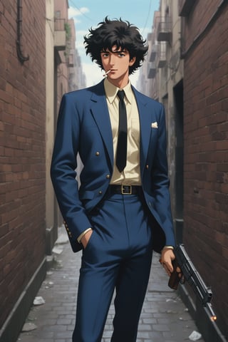 (masterpiece, best quality, ultra HD anime quality, super high resolution, 1980s/(style), retro, anatomically correct, perfect anatomy), (side view, top view), looking into the camera, (Spike Spiegel, one boy), solo, (black hair, short hair, bangs, messy hair, brown eyes, straight face), (wearing navy blue suit, spikes, sleeves rolled up to elbows, (black tie, slightly thin), no handkerchief, (cream shirt, collar up)), (navy blue suit pants, black socks, black leather shoes), holding a gun, (standing, hunched, slightly bent at the waist, slightly bent knees, slightly apart legs, tilted, one hand in trouser pocket, (holding a cigarette in mouth, crumpled)), (brick city scene, back alley, bleak, dilapidated city, littered), score_9, score_8_up, score_7_up, score_6_up,