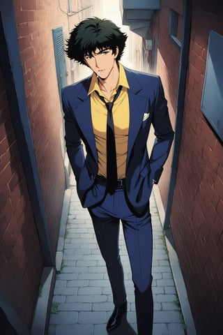 (masterpiece, best quality, ultra HD anime quality, super high resolution, 1980s/(style), retro, anatomically accurate, perfect anatomy), (front, bottom angle), looking at the camera, (Spike Spiegel, one boy), solo, (black hair, short hair, bangs, messy hair, brown eyes, straight face), (navy blue suit, grey lining, sleeves rolled up to elbows, (black tie, slightly skinny), (yellow shirt, collar up)), (navy blue suit pants, black socks, black leather shoes), holding a gun, (standing, tilted to one side, one hand in trouser pocket, (cigarette in mouth, crumpled), feet together), (brick street scene, back alley, bleak, dilapidated city, littered), score_9, score_8_up, score_7_up, score_6_up