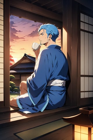 (masterpiece, best quality, 32k ultra HD anime quality, super high resolution, anatomically accurate, perfect anatomy),
(bercouli), mature_man, solo, looking at garden,
(blue_hair, short_hair, bangs_hanging_on_one_side, blue_eyes, thin_shaven_beard, stubble, lonely_face),
(Japanese_clothes, blue_kimono, white_sash), barefoot,
(four_toes,_one_thumb),
(drinking_from_a_ceramic_Japanese_cup, hunched_back,_sitting_on_the_porch,_crossed_legs,_in_a_Japanese_room),
(view_of_a_Japanese_house,_tatami_Japanese_room,_wooden_porch,_red_garden,_small_Japanese_garden,_evening,_sunset),
(side_view,_diagonal_angle_from_below_behind),
score_9,score_8_up,score_7_up,score_6_up, source_,