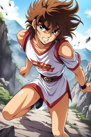 (masterpiece, best quality, ultra HD anime quality, super high resolution, 1980s/(style), retro, anatomically accurate, perfect anatomy), (side view, bottom angle), looking at the camera, (Seiya Pegasus, male), 1 male, solo, brown hair, short hair, bangs between eyes, messy hair, brown eyes, angry face, cut on cheek), heavy breathing, excited, (Pegasus cross), (poised, low body position, legs wide apart, one foot forward), (mountain scenery, mountain path, barren land, large rocks, cliff), score_9, score_8_up, score_7_up, score_6_up