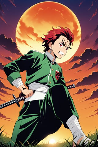 (masterpiece, highest quality, ultra HD anime quality, super high resolution, 1980s/(style), retro, anatomically accurate, perfect anatomy), (tanjirou_kamado), one boy, solo, slightly young, (red hair, short hair, slicked back, messy hair, forehead, red eyes, angry face), radiating murderous intent, scar, scar on face, scar on forehead, (mouth open as if screaming), (piercing, earring, sunrise tag), looking at camera, (Demon Slayer Corps uniform top, Demon Slayer Corps uniform pants, navy blue uniform ), one Japanese sword, (bandages wrapped around both shins), wearing straw sandals, (four fingers and one thumb), (fighting stance, hands on sword hilt, sword worn at waist, low stance, legs spread wide, alone, in grassland), (sunset view, distant forest, large grassland, dim grassland, grass, sunset), (side view, angle from below), score 9, score 8_up, score 7_up, score 6_up,