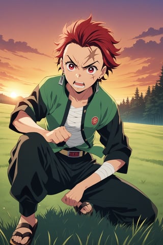 (masterpiece, highest quality, ultra HD anime quality, super high resolution, 1980s/(style), retro, anatomically accurate, perfect anatomy), (tanjirou_kamado), one boy, solo, slightly young, (red hair, short hair, slicked back, messy hair, forehead, red eyes, angry face), radiating murderous intent, scar, scar on face, scar on forehead, (mouth open as if screaming), (piercing, earring, sunrise tag), looking at camera, (Demon Slayer Corps uniform top, Demon Slayer Corps uniform pants, navy blue uniform ), one Japanese sword, (bandages wrapped around both shins), wearing straw sandals, (four fingers and one thumb), (fighting stance, hands on sword hilt, sword worn at waist, low stance, legs spread wide, alone, in grassland), (sunset view, distant forest, large grassland, dim grassland, grass, sunset), (side view, angle from below), score 9, score 8_up, score 7_up, score 6_up,