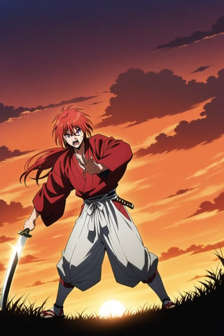 (masterpiece, best quality, ultra HD anime quality, super high resolution, 1980s/(style), retro, anatomically correct, perfect anatomy), (Himura Kenshin), one boy, solo, (red hair, long hair, low ponytail, thick bangs between the eyes, messy hair, purple eyes, sharp eyes, scar on face, angry face), emitting aura, (mouth open as if screaming), looking at the camera, (red kimono top, white hakama pants, black waistband), weapon, one Japanese sword, (Japanese sword has blade, tsuba, grip), wearing straw sandals, (four fingers and one thumb), (taking a fighting stance, holding the grip of the Japanese sword, standing low, legs spread wide, alone, in a grassland), (sunset view, distant forest, large grassland, dim grassland, grass, sunset), (front, angle from below), score 9, score 8_up, score 7_up, score 6_up,Himura Kenshin,red hair