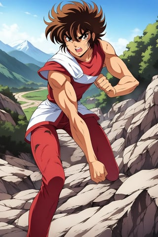 (masterpiece, best quality, ultra HD anime quality, super high resolution, 1980s/(style), retro, anatomically accurate, perfect anatomy), (front, bottom angle), looking at the camera, (Seiya Pegasus, male, (Pegasus cloth, slightly damaged)), 1 male, solo, brown hair, short hair, bangs between eyes, messy hair, brown eyes, angry face, scratch on cheek), heavy breathing, excited, (red underwear, tattered, red underwear pants, tattered), (fighting stance, ready, low stance, legs wide apart, one foot forward), (mountain scenery, mountain path, barren land, big rocks, cliff), score_9, score_8_up, score_7_up, score_6_up