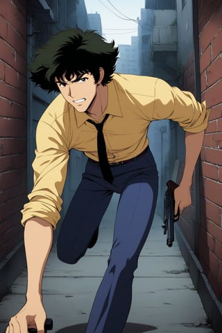 (masterpiece, best quality, ultra HD anime quality, super high resolution, 1980s/(style), retro, anatomically accurate, perfect anatomy), (side view, bottom angle), looking at the camera, (Spike Spiegel, one boy), solo, (black hair, short hair, bangs, messy hair, brown eyes, angry face), mouth slightly open, teeth clenched, (wearing navy blue suit, Spike's, sleeves rolled up to elbows, (black tie, slightly thin), no handkerchief on chest, (yellow shirt, collar up)), (navy blue suit pants, black socks, black leather shoes), holding a gun, (running, leaning forward, slightly hunched back, big stride, gun aimed), (brick cityscape, back alley, bleak, dilapidated city, littered), score_9, score_8_up, score_7_up, score_6_up,