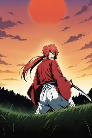 (masterpiece, best quality, ultra HD anime quality, super high resolution, 1980s/(style), retro, anatomically correct, perfect anatomy), (Himura Kenshin), one boy, solo, (red hair, long hair, low ponytail, thick bangs between the eyes, messy hair, purple eyes, sharp eyes, scar on face, angry face), emitting aura, (mouth open as if screaming), looking at the camera, (red kimono top, white hakama pants, black waistband), weapon, one Japanese sword, (Japanese sword has blade, tsuba, grip), wearing straw sandals, (four fingers and one thumb), (taking a fighting stance, holding the grip of the Japanese sword, standing low, legs spread wide, alone, in a grassland), (sunset view, distant forest, large grassland, dim grassland, grass, sunset), (side view, angle from below), score 9, score 8_up, score 7_up, score 6_up,