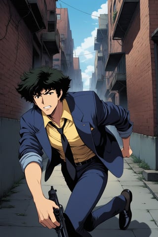 (masterpiece, best quality, ultra HD anime quality, super high resolution, 1980s/(style), retro, anatomically accurate, perfect anatomy), (side view, bottom angle), looking at the camera, (Spike Spiegel, one boy), solo, (black hair, short hair, bangs, messy hair, brown eyes, angry face), mouth slightly open, teeth clenched, (wearing navy blue suit, Spike's, sleeves rolled up to elbows, (black tie, slightly thin), no handkerchief on chest, (yellow shirt, collar up)), (navy blue suit pants, black socks, black leather shoes), holding a gun, (running, leaning forward, slightly hunched back, big stride, gun aimed), (brick cityscape, back alley, bleak, dilapidated city, littered), score_9, score_8_up, score_7_up, score_6_up,