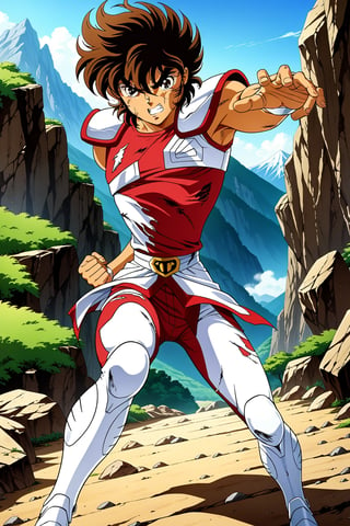 (masterpiece, best quality, ultra HD anime quality, super high resolution, 1980s/(style), retro, anatomically accurate, perfect anatomy), (front, bottom angle), looking at the camera, (Seiya Pegasus, male, (Pegasus cloth, slightly damaged)), 1 male, solo, brown hair, short hair, bangs between eyes, messy hair, brown eyes, angry face, scratch on cheek), heavy breathing, excited, (red underwear, tattered, red underwear pants, tattered), (fighting stance, standing stance, low stance, legs wide apart, one foot forward), (mountain scenery, mountain path, barren land, large rocks, cliff), score_9, score_8_up, score_7_up, score_6_up,Seiya Pegasus,Anime, score_9_up