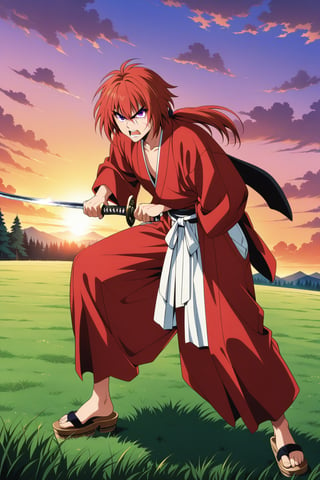 (masterpiece, best quality, ultra HD anime quality, super high resolution, 1980s/(style), retro, anatomically correct, perfect anatomy), (Himura Kenshin), one boy, solo, (red hair, long hair, low ponytail, thick bangs between the eyes, messy hair, purple eyes, sharp eyes, scar on face, angry face), emitting aura, (mouth open as if screaming), looking at the camera, (red kimono top, white hakama pants, black waistband), weapon, one Japanese sword, (Japanese sword has blade, tsuba, grip), wearing straw sandals, (four fingers and one thumb), (taking a fighting stance, holding the grip of the Japanese sword, standing low, legs spread wide, alone, in a grassland), (sunset view, distant forest, large grassland, dim grassland, grass, sunset), (front, angle from below), score 9, score 8_up, score 7_up, score 6_up,