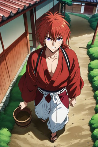 (masterpiece, best quality, ultra HD anime quality, super high resolution, 1980s/(style), retro, anatomically accurate, perfect anatomy), (Himura Kenshin), one boy, solo, (red hair, long hair, low ponytail, thick bangs between eyes, messy hair, purple eyes, highly detailed eyes, facial scar, smiling), highly detailed face, mouth slightly open, looking at camera, (red kimono top, white hakama pants, black obi), wearing straw sandals, (four fingers, one thumb), (walking hobbling, shaking sleeves, hiding hands in sleeves, on dirt road, in town lined with Japanese houses, during the day), (view of Japanese houses, noren, sunshade, wooden lattice, shoji window, wooden bucket, dirt road), (front, angle from above), score 9, score 8_up, score 7_up, score 6_up,