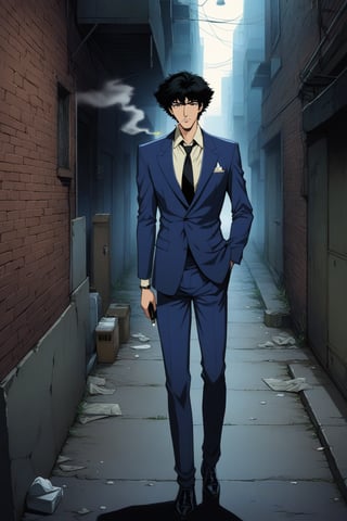 (masterpiece, best quality, ultra HD anime quality, super high resolution, 1980s/(style), retro, anatomically correct, perfect anatomy), (front, bottom angle), looking at the camera, (Spike Spiegel, one boy), solo, (black hair, short hair, bangs, messy hair, brown eyes, straight face), (spike's navy blue suit, large collar on left side, no collar on right shoulder, grey lining, sleeves rolled up to elbows, (black tie, slightly thin), no handkerchief, (cream colored shirt, collar turned up)), (navy blue suit pants, black socks, black leather shoes), holding a gun, (standing, sloppy, tilted, one hand in trouser pocket, (cigarette in mouth, crumpled, cigarette smoke, lighting cigarette, oil lighter)), (brick street scene, back alley, bleak, dilapidated city, littered), score_9, score_8_up, score_7_up, score_6_up,