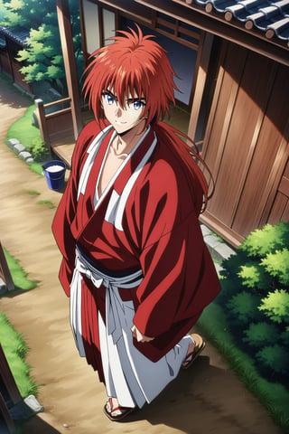(masterpiece, best quality, ultra HD anime quality, super high resolution, 1980s/(style), retro, anatomically accurate, perfect anatomy), (Himura Kenshin), one boy, solo, (red hair, long hair, low ponytail, thick bangs between eyes, messy hair, purple eyes, scar on face, smiling), looking at camera, (red kimono top, white hakama pants, black obi), wearing straw sandals, (four fingers, one thumb), (walking hobbling, hiding hands in sleeves, on dirt road, in town lined with Japanese houses, during the day), (view of Japanese houses, noren, sunshade, wooden lattice, shoji window, air bucket, dirt road), (front, angle from above), score 9, score 8_up, score 7_up, score 6_up,