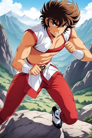 (masterpiece, best quality, ultra HD anime quality, super high resolution, 1980s/(style), retro, anatomically accurate, perfect anatomy), (front, bottom angle), looking at the camera, (Seiya Pegasus, male, (Pegasus cloth, slightly damaged)), 1 male, solo, brown hair, short hair, bangs between eyes, messy hair, brown eyes, angry face, scratch on cheek), heavy breathing, excited, (red underwear, tattered, red underwear pants, tattered), (fighting stance, standing stance, low stance, legs wide apart, one foot forward), (mountain scenery, mountain path, barren land, large rocks, cliff), score_9, score_8_up, score_7_up, score_6_up,Seiya Pegasus,Anime, score_9_up,Retro,SDXL