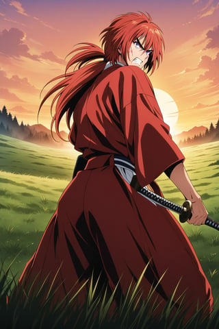(masterpiece, best quality, ultra HD anime quality, super high resolution, 1980s/(style), retro, anatomically accurate, perfect anatomy), (Himura Kenshin), one boy, solo, (red hair, long hair, low ponytail, thick bangs between eyes, messy hair, purple eyes, sharp eyes, scar on face, angry face), radiating aura, (mouth open as if screaming), looking at camera, (red kimono top, white hakama pants, black waistband), weapon, one Japanese sword, wearing straw sandals, (four fingers and one thumb), (fighting stance, holding sword grip, sword sheath on waist, stance low, legs wide, alone, in grassland), (sunset view, distant forest, large grassland, dim grassland, grass, sunset), (side view, angle from below), score 9, score 8_up, score 7_up, score 6_up,