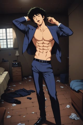 (masterpiece, best quality, ultra HD anime quality, super high resolution, 1980s/(style), retro, anatomically accurate, perfect anatomy), (side view, bottom angle), looking at the camera, (Spike Spiegel, one boy), solo, (black hair, short hair, bangs, messy hair, brown eyes, sleepy face), one eye closed, (mouth slightly open, wide), (hot chest, impressive abs, six pack), (navy suit pants, black socks, black leather shoes), holding a gun, (standing, yawning, one hand on head, beside bed), (brick room view, bedroom, bed, dirty room, trash scattered around), score_9, score_8_up, score_7_up, score_6_up,