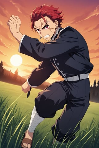 (masterpiece, best quality, ultra HD anime quality, super high resolution, 1980s /(style), retro, anatomically correct, perfect anatomy), (tanjirou_kamado), one boy, solo, (red hair, short hair, slicked back, messy hair, forehead, red eyes, angry face), exuding murderous intent, scar, scar on face, scar on forehead, (mouth open as if screaming), (piercing, earring, sunrise tag), looking at camera, (Demon Slayer uniform top, Demon Slayer uniform pants, navy blue uniform), (bandages wrapped around both shins), wearing straw sandals, (four fingers, one thumb), (fighting stance, hands on sword hilt, stance low, legs wide, alone, in grassland), (sunset view, distant forest, large grassland, dim grassland, grass, sunset), (side view, angle from below), score 9, score 8_up, score 7_up, score 6_up,