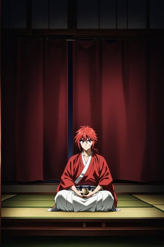 (masterpiece, best quality, ultra HD anime quality, super high resolution, 1980s/(style), retro, anatomically accurate, perfect anatomy), (Himura Kenshin), one boy, solo, (red hair, long hair, low ponytail, thick bangs between eyes, messy hair, purple eyes, facial scar, smiling), looking at camera, (red kimono top, white hakama pants, black sash), barefoot, (four fingers, one thumb), small sake cup, (ochoko), (drinking from a small sake cup, sitting on tatami mat, cross-legged, in front of a low-legged table, in a Japanese-style room), (view of a Japanese house, Japanese-style room, light from the stage curtain, tatami mat, outside a dark window, garden, night), (front, angle from below), score 9, score 8_up, score 7_up, score 6_up,