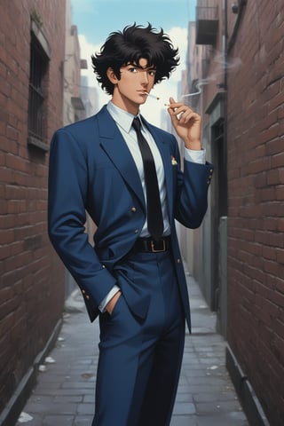 (masterpiece, best quality, ultra HD anime quality, super high resolution, 1980s/(style), retro, anatomically correct, perfect anatomy), (side view, top view), looking into the camera, (Spike Spiegel, one boy), solo, (black hair, short hair, bangs, messy hair, brown eyes, straight face), (wearing navy blue suit, spikes, sleeves rolled up to elbows, (black tie, slightly thin), no handkerchief, (cream shirt, collar up)), (navy blue suit pants, black socks, black leather shoes), holding a gun, (standing, hunched, slightly bent at the waist, slightly bent knees, slightly apart legs, tilted, one hand in trouser pocket, (holding a cigarette in mouth, crumpled)), (brick city scene, back alley, bleak, dilapidated city, littered), score_9, score_8_up, score_7_up, score_6_up,