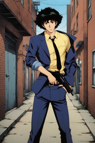 (masterpiece, best quality, ultra HD anime quality, super high resolution, 1980s/(style), retro, anatomically correct, perfect anatomy), (side view, top view), looking into the camera, (Spike Spiegel, one boy), solo, (black hair, short hair, bangs, messy hair, brown eyes, straight face), (wearing a navy blue suit, spikes, sleeves rolled up to the elbows, (black tie, slightly thin), no handkerchief on chest, (yellow shirt, collar up)), (navy blue suit pants, black socks, black leather shoes), holding a gun, (standing, hunched, both knees slightly bent, legs slightly apart, slanted stance, one hand in trouser pocket, (holding a cigarette in mouth, crumpled)), (brick city scene, back alley, bleak, dilapidated city, littered), score_9, score_8_up, score_7_up, score_6_up,retro artstyle, source_