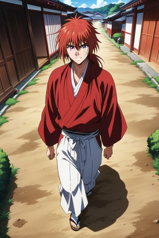 (masterpiece, best quality, ultra HD anime quality, super high resolution, 1980s/(style), retro, anatomically accurate, perfect anatomy), (Himura Kenshin), one boy, solo, (red hair, long hair, low ponytail, thick bangs between eyes, messy hair, purple eyes, highly detailed eyes, facial scar, smiling), highly detailed face, mouth slightly open, looking at camera, (red kimono top, white hakama pants, black obi), wearing straw sandals, (four fingers, one thumb), (walking hobbling, shaking sleeves, hiding hands in sleeves, on dirt road, in town lined with Japanese houses, during the day), (view of Japanese houses, noren, sunshade, wooden lattice, shoji window, wooden bucket, dirt road), (front, angle from above), score 9, score 8_up, score 7_up, score 6_up,