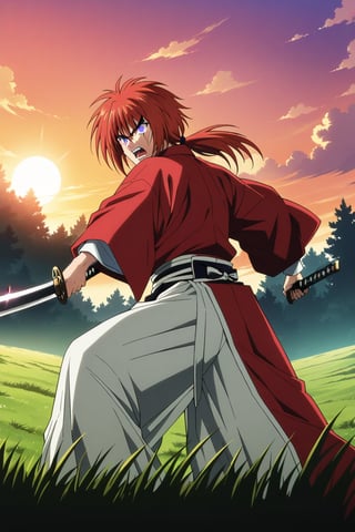 (masterpiece, best quality, ultra HD anime quality, super high resolution, 1980s/(style), retro, anatomically correct, perfect anatomy), (Himura Kenshin), one boy, solo, (red hair, long hair, low ponytail, thick bangs between the eyes, messy hair, purple eyes, sharp eyes, scar on face, angry face), emitting aura, (mouth open as if screaming), looking at the camera, (red kimono top, white hakama pants, black waistband), weapon, one Japanese sword, (Japanese sword has blade, tsuba, grip), wearing straw sandals, (four fingers and one thumb), (taking a fighting stance, holding the grip of the Japanese sword, standing low, legs spread wide, alone, in a grassland), (sunset view, distant forest, large grassland, dim grassland, grass, sunset), (front, angle from below), score 9, score 8_up, score 7_up, score 6_up,