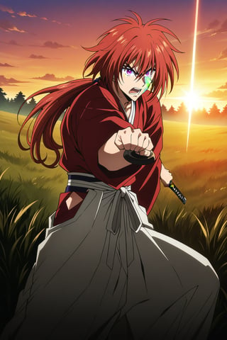 (masterpiece, best quality, ultra HD anime quality, super high resolution, 1980s/(style), retro, anatomically correct, perfect anatomy), (Himura Kenshin), one boy, solo, (red hair, long hair, low ponytail, thick bangs between the eyes, messy hair, purple eyes, sharp eyes, scar on face, angry face), emitting aura, (mouth open as if screaming), looking at the camera, (red kimono top, white hakama pants, black waistband), weapon, one Japanese sword, (Japanese sword has blade, tsuba, grip), wearing straw sandals, (four fingers and one thumb), (taking a fighting stance, holding the grip of the Japanese sword, standing low, legs spread wide, alone, in a grassland), (sunset view, distant forest, large grassland, dim grassland, grass, sunset), (front, angle from below), score 9, score 8_up, score 7_up, score 6_up,Himura Kenshin,red hair