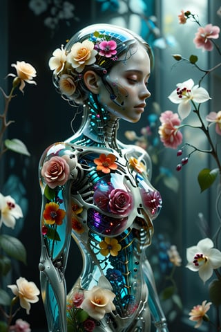 1girl,solo,"Transparent glass female cyborg. Skeleton and organs made of vibrant flowers. Mechanical joints visible. Heart of roses, lungs of hydrangeas, brain of orchids. Flowers spilling from slight cracks. Soft backlighting emphasizing transparency. Elegant pose. Simple futuristic background. Photorealistic style with high detail on glass and floral elements.",Clear Glass Skin,tranzp,,mecha