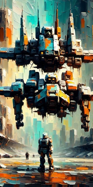 "The overall effect is a blend of impressionism and abstraction, creating a rich, immersive setting that complements the selective focus on a military gundam robot  hovering in the air. The scene should feature an impressionist selective focus on the drone. In contrast, the background should transition into an abstract, painterly environment. The atmosphere should be hazy and diffuse, contributing to an ethereal and somewhat dystopian feel. Indistinct forms and shapes in the background should suggest an accident, possibly people, rendered in a loose, impressionistic style to emphasize mood and atmosphere over detailed realism. Use a muted Cinematic Palette with cooler tones such as blues, teals, and orange to create depth and atmosphere. Use muted shades of earthy tones to depict worn, weathered and aged appearances. Use muted accents like rusty orange-yellows, and rusty teals to highlight tiny areas and add visual interest. Use this blend of subdued and bold colors to emphasize the gritty nature of the scene.",palette knife painting