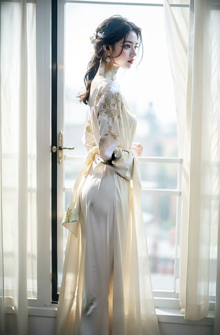 An exquisite and hyper-realistic beauty, her clothing incorporates filigree enamel art design, her body is made of ivory, and she is surrounded by gorgeous decorations. She has a classical temperament, and the light and shadow create a quiet atmosphere. Bed room window,