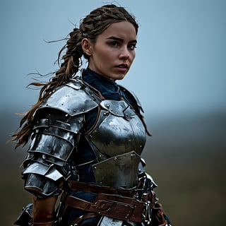 Female Roman soldier, braided hair,battle ground setting,facing camera, finely detailed armor,Dark blue details, intricate design and details, ultra detailed, highest detail quality, ultra realistic, photography lighting, overcast reflection mapping, photorealistic, cinemeatic, movie quality rendering, octane rendering, focused, 8k, depth of field, real shadow, vfx post production,full_body