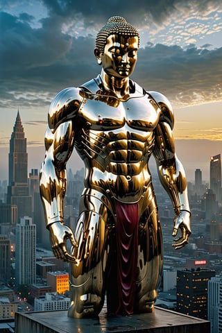 A Buddha statue  stands tall, full-body portrait in polished chrome skin with intricate gold and burgundy accents. Bright  eyes pierce through the darkness, illuminating a cityscape at dusk. 

Craig Mullins and H.R. Giger's character design brings forth a sense of otherworldly strength. 

Realistic digital painting captures every detail, from the armoured suit to the subject's determined pose. 

Cinematic lighting highlights the hero's figure against a misty blue-grey sky as if suspended in mid-air.
 A 4K resolution masterpiece, this portrait embodies the essence of superheroism., Handsome boy