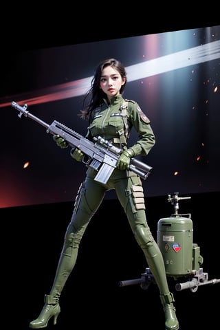2024 Weapon Exhibition. a taiwanese beautiful soldier presenting a dark green spider tank with eight mechanical legs based on a spider legs in a podium. 
she wear a military uniform when make a presentation in front of the audience,girl,pistol, super tank, eight mechanical legs.