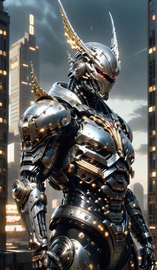 A futuristic super hero stands tall, full-body portrait in polished chrome armor with intricate gold and burgundy accents. blue eyes pierce through the darkness, illuminating a cityscape at dusk. Craig Mullins and H.R. Giger's character design brings forth a sense of otherworldly strength. Realistic digital painting captures every detail, from the armored suit to the subject's determined pose. Cinematic lighting highlights the hero's figure against a misty blue-gray sky, as if suspended in mid-air. A 4K resolution masterpiece, this portrait embodies the essence of futuristic super heroism.,robot,DonM3l3m3nt4lXL,DonM3lv3nM4g1cXL,FilmGirl,glitter,kabuki