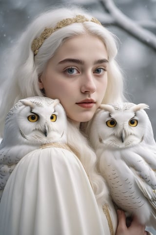 A 16 year old girl with her white owl . White and gold hair, close eye, (snow white owl) . Half body view.,style