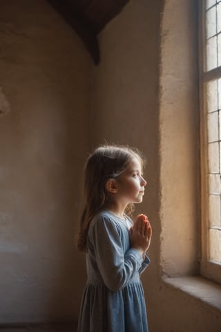 1 girl pray in a old chapel , the Heaven  open and  beautiful light come from above, peaceful and joyfully.