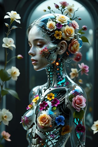 1girl,solo,"Transparent glass female cyborg. Skeleton and organs made of vibrant flowers. Mechanical joints visible. Heart of roses, lungs of hydrangeas, brain of orchids. Flowers spilling from slight cracks. Soft backlighting emphasizing transparency. Elegant pose. Simple futuristic background. Photorealistic style with high detail on glass and floral elements.",Clear Glass Skin,tranzp,,mecha