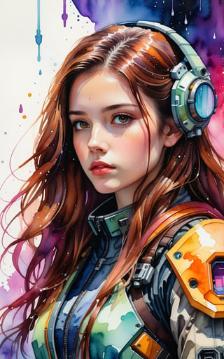 A contemplative young woman with long, brown locks and a subtle mole above her lip gazes directly at the viewer from a solo frame. Her closed mouth conveys a sense of introspection as she stands in front of a vibrant,
She wears a cyberpunk spacecraft pilot suit, adorned with mecha elements, conveying a sense of strength and vulnerability. 
 watercolor-inspired backdrop featuring abstract splashes of color, evoking the gentle patter of raindrops.