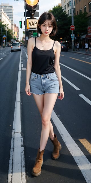 A cute girl with short black-brown hair, thin, wearing a light apricot-brown camisole, ultra-short blue jeans, and a light apricot-brown mid-boot, is crossing the road in front of a traffic light.