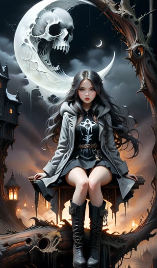 Ultra-wide-angle, photorealistic medieval gothic steam punk shot of an exciting fusion between Spawn and ((A spiderweb and a creepy A Crescent moon )), ((with cute girl, long hair, grey winter coat fashion, black short skirt, boots, Sitting cross-legged on wood log)) , eerie mysterious scene, dark, fantasy art, horror, sleepy hollow style, grimdark style, Movie Still, moody colours, undead,digital artwork by Beksinski )), in a new character that embodies elements of both, (((spiderwebs))), (((Street view))), silver mechanical gears in the background, people, see. Black and natural colors, ink Flow - 8k Resolution Photorealistic Masterpiece - by Aaron Horkey and Jeremy Mann - Intricately Detailed. fluid gouache painting: by Jean Baptiste Mongue: calligraphy: acrylic: colorful watercolor, cinematic lighting, maximalist photoillustration: by marton bobzert: 8k resolution concept art, intricately detailed realism, complex, elegant, expansive, fantastical and psychedelic, dripping paint , in the chasm of the empire estate, night, the moon, buildings, reflections, wings, and other elements need to stay in frame,(isolate object),3D