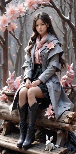 Origami cute girl, long hair, grey winter coat fashion, black short skirt, boots, Sitting cross-legged on wood log, diorama, Rococo-inspired, layered paper art, ethereal zen garden setting, blush pinks, Steve McCurry-like photographic sterling style influence, captured with 35mm lens, F/2.8 aperture, conveying character, sophistication, abundant detail, hyperrealism, dramatic lighting, ultra fine detail.