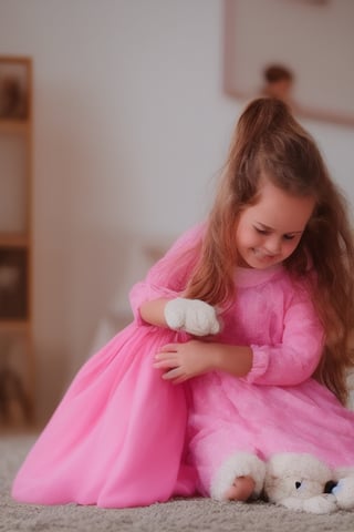 a girl in a pink dress, playing with a stuffed dog