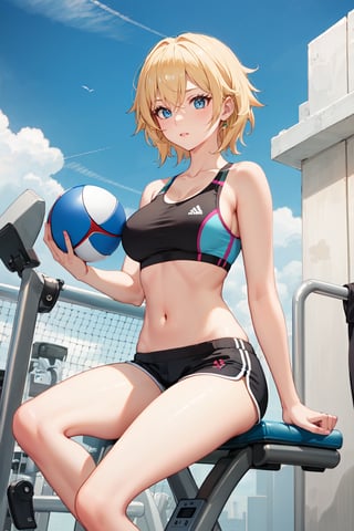 a magic aura around her, at outdoor gym, blue eyes, blonde hair, perfect hands, sports bra, short shorts, short hair