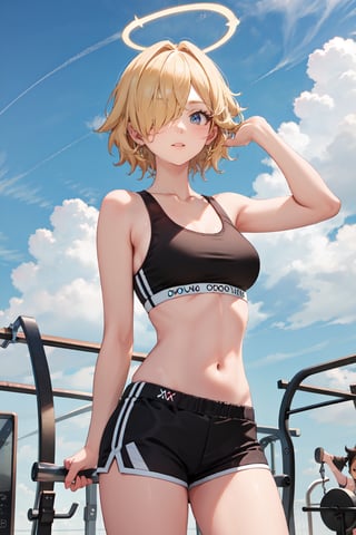 a magic aura around her, at outdoor gym, blue eyes, hair over one eye, blonde hair, perfect hands, sports bra, short shorts, short hair,SportAi